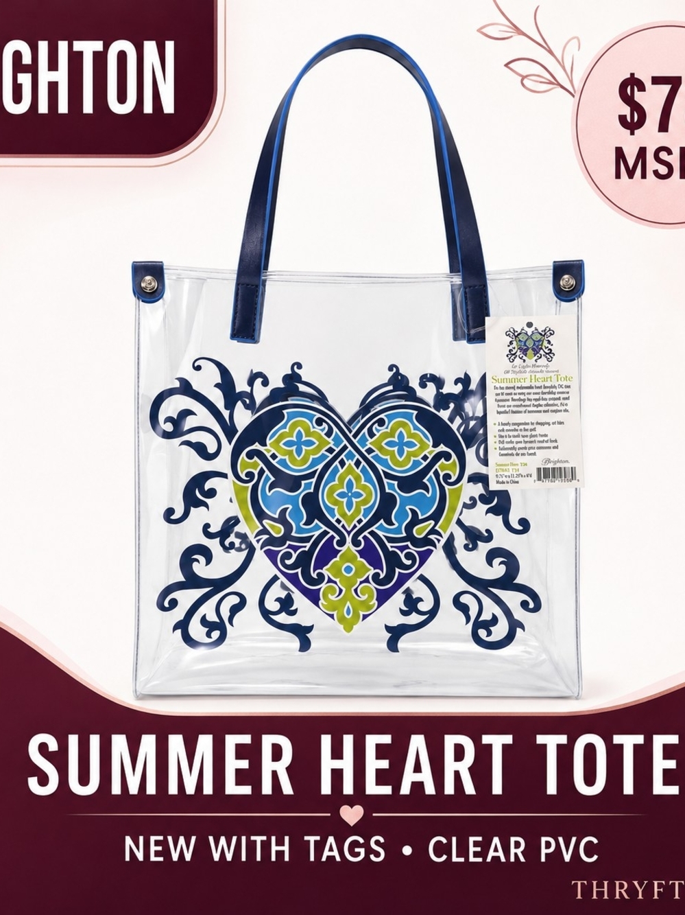Brighton Clear PVC Tote with Navy Handles and Lime-Blue Heart Motif